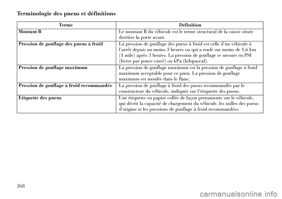 Lancia Thema 2013  Notice dentretien (in French) Terminologie des pneus et définitions
TermeDéfinition
Montant B Le montant B du véhicule est le terme structural de la caisse située
derrière la porte avant.
Pression de gonflage des pneus à fro