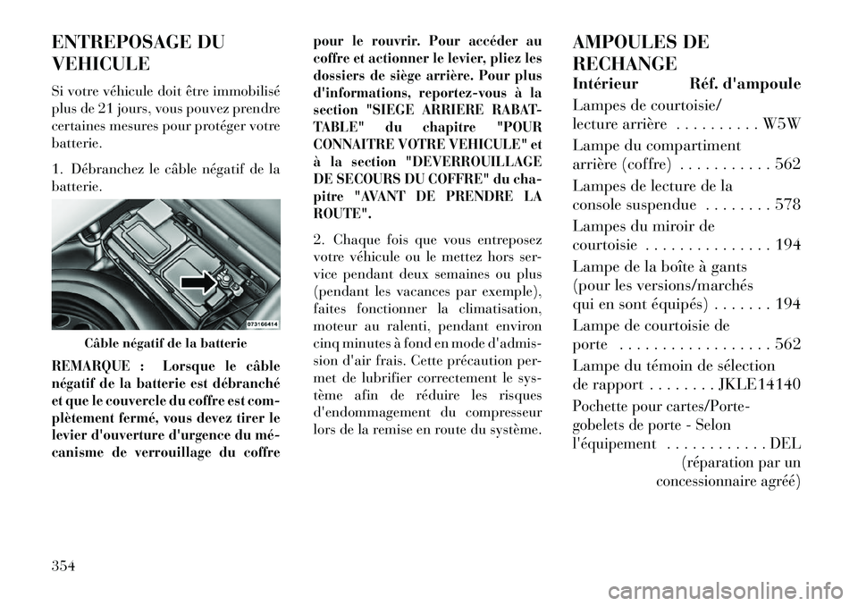 Lancia Thema 2013  Notice dentretien (in French) ENTREPOSAGE DU
VEHICULE
Si votre véhicule doit être immobilisé
plus de 21 jours, vous pouvez prendre
certaines mesures pour protéger votre
batterie.
1. Débranchez le câble négatif de la
batteri