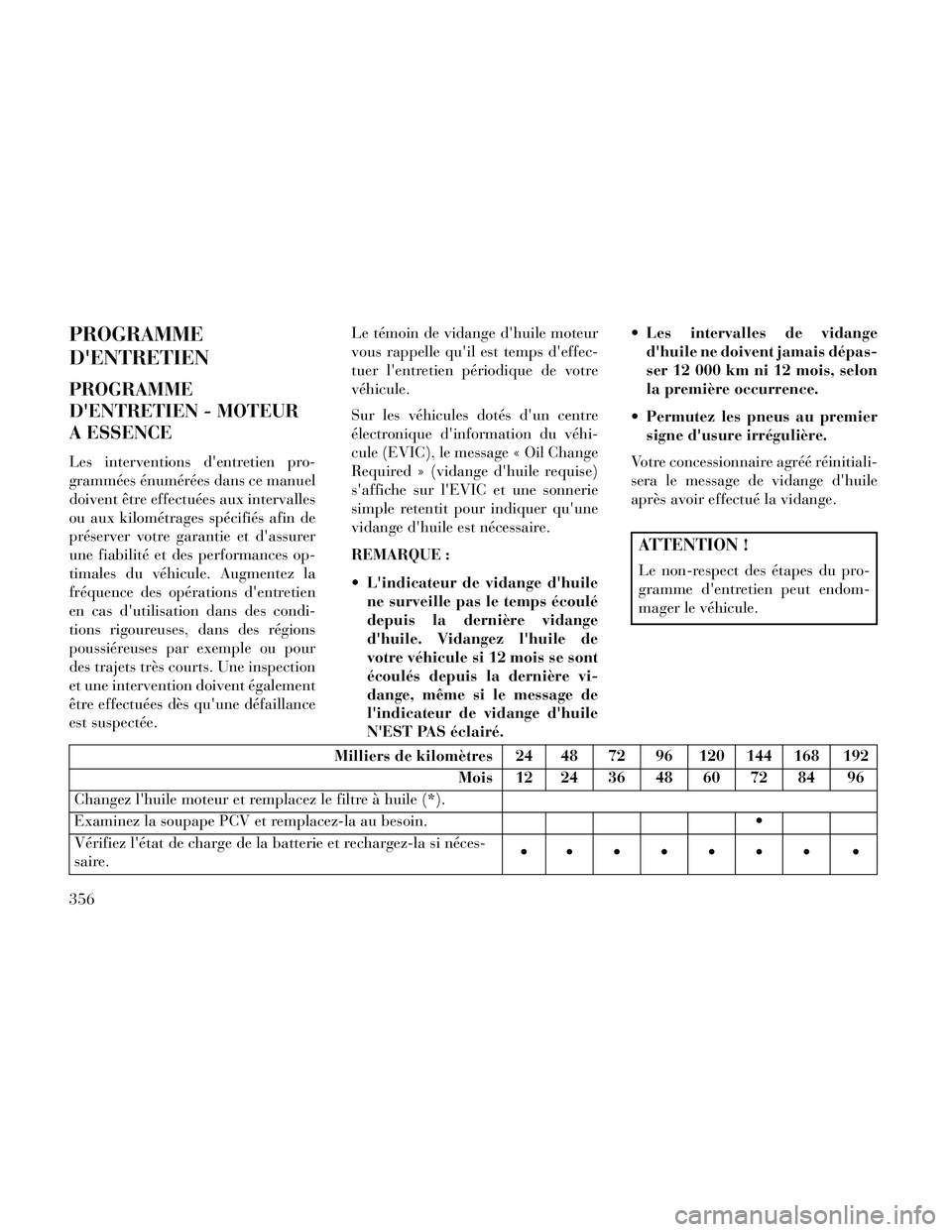 Lancia Thema 2014  Notice dentretien (in French) PROGRAMME
DENTRETIEN
PROGRAMME
DENTRETIEN - MOTEUR
A ESSENCE
Les interventions dentretien pro-
grammées énumérées dans ce manuel
doivent être effectuées aux intervalles
ou aux kilométrages s
