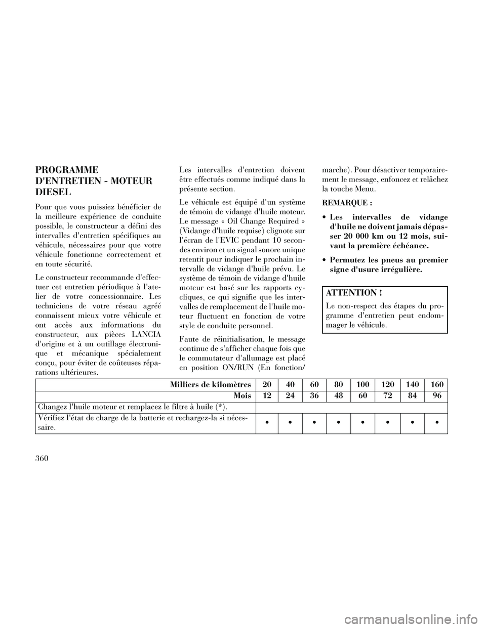 Lancia Thema 2014  Notice dentretien (in French) PROGRAMME
DENTRETIEN - MOTEUR
DIESEL
Pour que vous puissiez bénéficier de
la meilleure expérience de conduite
possible, le constructeur a défini des
intervalles dentretien spécifiques au
véhic