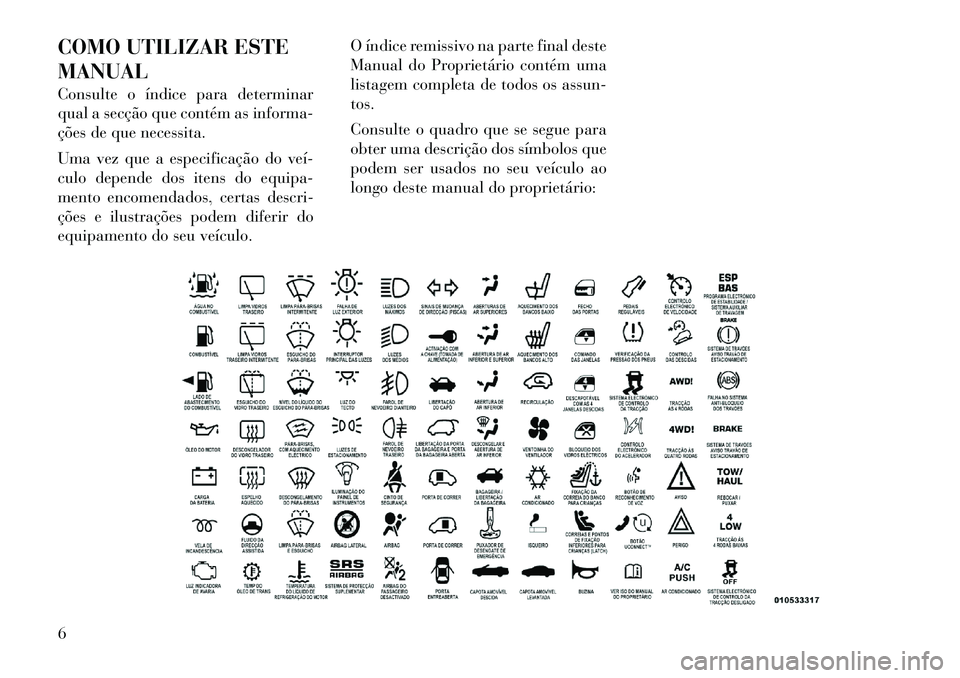 Lancia Thema 2012  Manual de Uso e Manutenção (in Portuguese) COMO UTILIZAR ESTE MANUAL 
Consulte o índice para determinar 
qual a secção que contém as informa-
ções de que necessita. 
Uma vez que a especificação do veí­ 
culo depende dos itens do equi