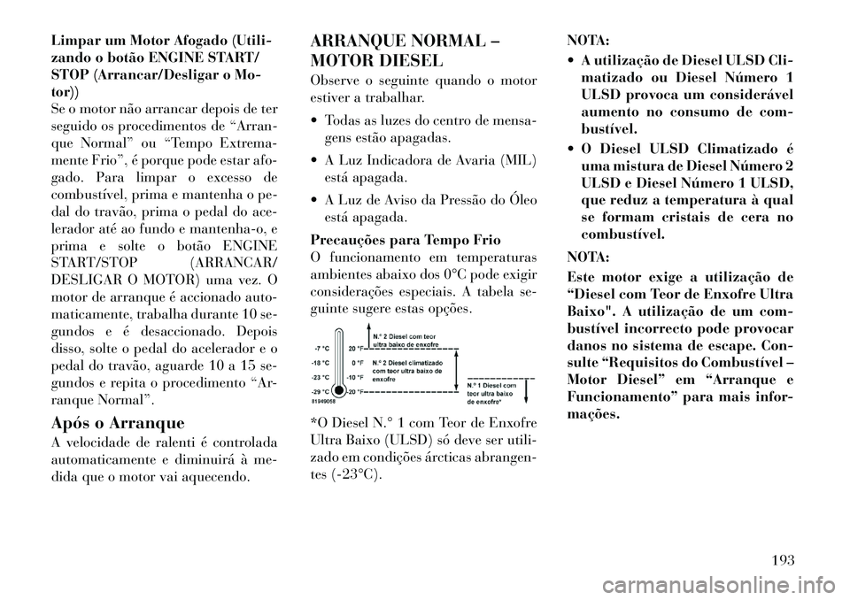 Lancia Thema 2012 Manual de Uso e Manutenção (in Portuguese) Limpar um Motor Afogado (Utili-
zando o botão ENGINE START/
STOP (Arrancar/Desligar o Mo-tor))
Se o motor não arrancar depois de ter
seguido os procedimentos de “Arran-
que Normal” ou “Tempo Lancia Thema 2012 Manual de Uso e Manutenção (in Portuguese) Limpar um Motor Afogado (Utili-
zando o botão ENGINE START/
STOP (Arrancar/Desligar o Mo-tor))
Se o motor não arrancar depois de ter
seguido os procedimentos de “Arran-
que Normal” ou “Tempo