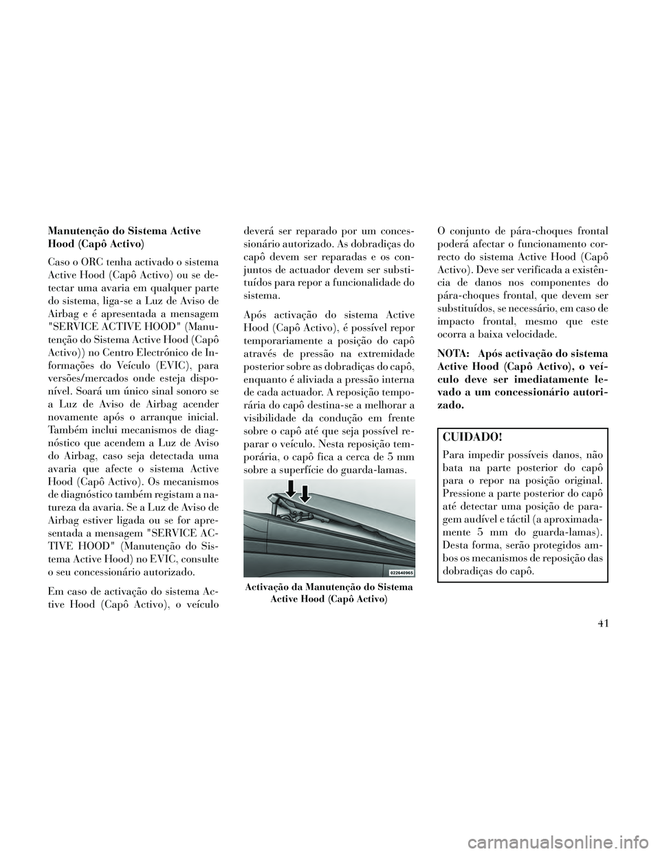 Lancia Thema 2014  Manual de Uso e Manutenção (in Portuguese) Manutenção do Sistema Active
Hood (Capô Activo)
Caso o ORC tenha activado o sistema
Active Hood (Capô Activo) ou se de-
tectar uma avaria em qualquer parte
do sistema, liga-se a Luz de Aviso de
Ai