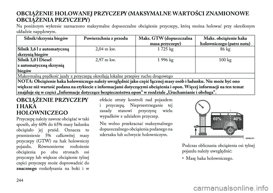 Lancia Thema 2012  Instrukcja obsługi (in Polish) OBCIĄŻENIE HOLOWANEJ PRZYCZEPY (MAKSYMALNE WARTOŚCI ZNAMIONOWE 
OBCIĄŻENIA PRZYCZEPY) 
Na poniższym wykresie zaznaczono maksymalne dopuszczalne obciążenie przyczepy, którą można holować pr