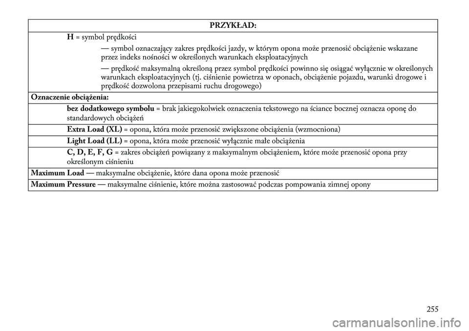 Lancia Thema 2013  Instrukcja obsługi (in Polish) PRZYKŁAD:
H = symbol prędkości
— symbol oznaczający zakres prędkości jazdy, w którym opona mo\be przenosić obcią\benie wskazane
przez indeks nośności w określonych warunkach eksploatacyj