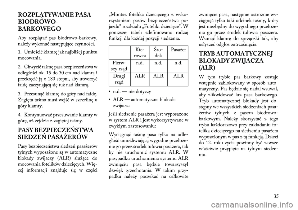 Lancia Thema 2013  Instrukcja obsługi (in Polish) ROZPLĄTYWANIE PASA
BIODROWO-
BARKOWEGO
Aby rozplątać pas biodrowo-barkowy,
należy wykonać następujące czynności.
1. Umieścić klamrę jak najbliżej punktu
mocowania.
2.
Chwycić taśmę pasa