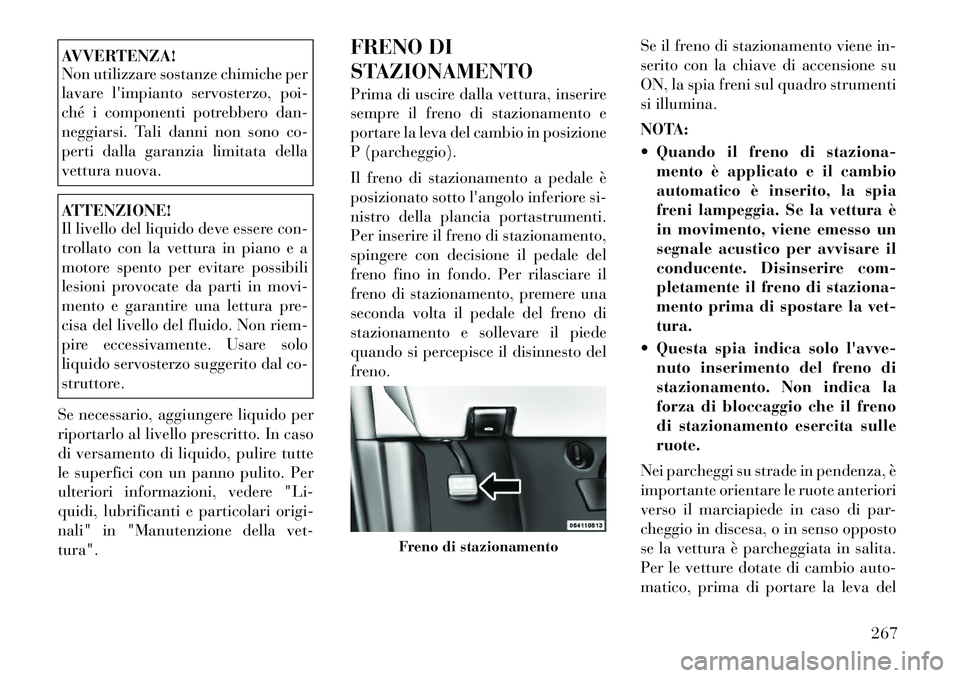 Lancia Voyager 2012  Libretto Uso Manutenzione (in Italian) AVVERTENZA! 
Non utilizzare sostanze chimiche per 
lavare limpianto servosterzo, poi-
ché i componenti potrebbero dan-
neggiarsi. Tali danni non sono co-
perti dalla garanzia limitata della
vettura 