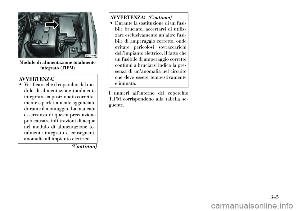 Lancia Voyager 2012  Libretto Uso Manutenzione (in Italian) AVVERTENZA! 
 Verificare che il coperchio del mo-dulo di alimentazione totalmente 
integrato sia posizionato corretta-
mente e perfettamente agganciato
durante il montaggio. La mancata
osservanza di 