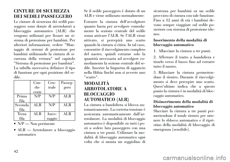 Lancia Voyager 2011 Libretto Uso Manutenzione (in Italian) CINTURE DI SICUREZZA
DEI SEDILI PASSEGGERO
Le cinture di sicurezza dei sedili pas-
seggero sono dotate di arrotolatori a
bloccaggio automatico (ALR) che
vengono utilizzati per fissare un si-
stema Lancia Voyager 2011 Libretto Uso Manutenzione (in Italian) CINTURE DI SICUREZZA
DEI SEDILI PASSEGGERO
Le cinture di sicurezza dei sedili pas-
seggero sono dotate di arrotolatori a
bloccaggio automatico (ALR) che
vengono utilizzati per fissare un si-
stema