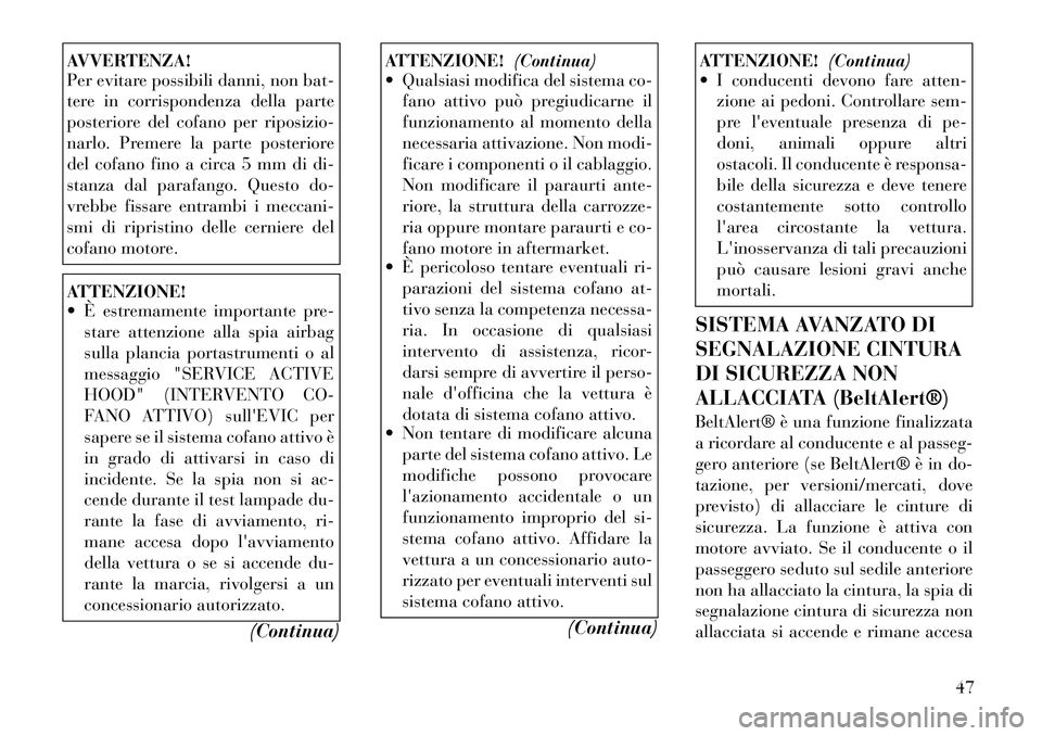 Lancia Voyager 2011 Libretto Uso Manutenzione (in Italian) AVVERTENZA!
Per evitare possibili danni, non bat-
tere in corrispondenza della parte
posteriore del cofano per riposizio-
narlo. Premere la parte posteriore
del cofano fino a circa 5 mm di di-
stanz Lancia Voyager 2011 Libretto Uso Manutenzione (in Italian) AVVERTENZA!
Per evitare possibili danni, non bat-
tere in corrispondenza della parte
posteriore del cofano per riposizio-
narlo. Premere la parte posteriore
del cofano fino a circa 5 mm di di-
stanz