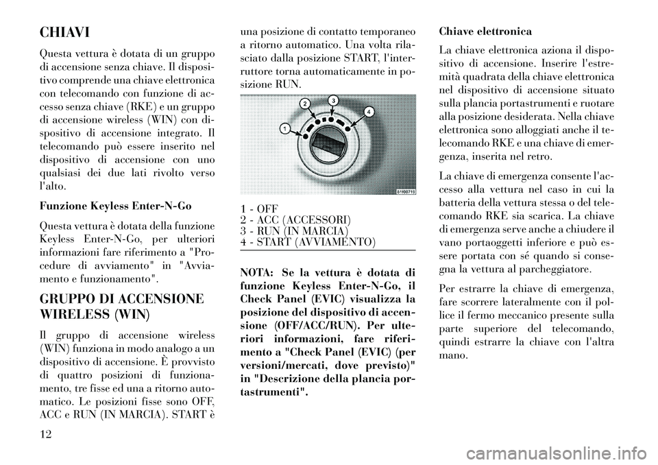 Lancia Voyager 2013  Libretto Uso Manutenzione (in Italian) CHIAVI
Questa vettura è dotata di un gruppo
di accensione senza chiave. Il disposi-
tivo comprende una chiave elettronica
con telecomando con funzione di ac-
cesso senza chiave (RKE) e un gruppo
di a