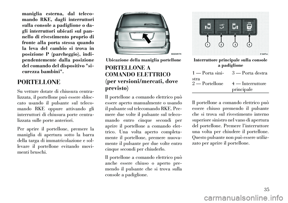 Lancia Voyager 2013  Libretto Uso Manutenzione (in Italian) maniglia esterna, dal teleco-
mando RKE, dagli interruttori
sulla console a padiglione o da-
gli interruttori ubicati sul pan-
nello di rivestimento proprio di
fronte alla porta stessa quando
la leva 