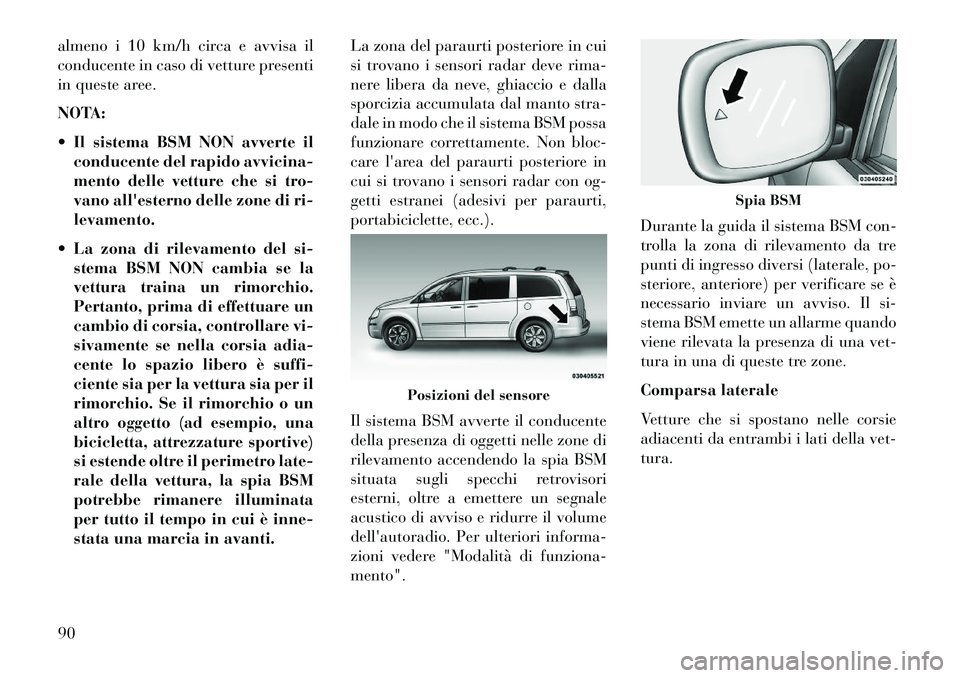 Lancia Voyager 2013  Libretto Uso Manutenzione (in Italian) almeno i 10 km/h circa e avvisa il
conducente in caso di vetture presenti
in queste aree.
NOTA:
 Il sistema BSM NON avverte ilconducente del rapido avvicina-
mento delle vetture che si tro-
vano all