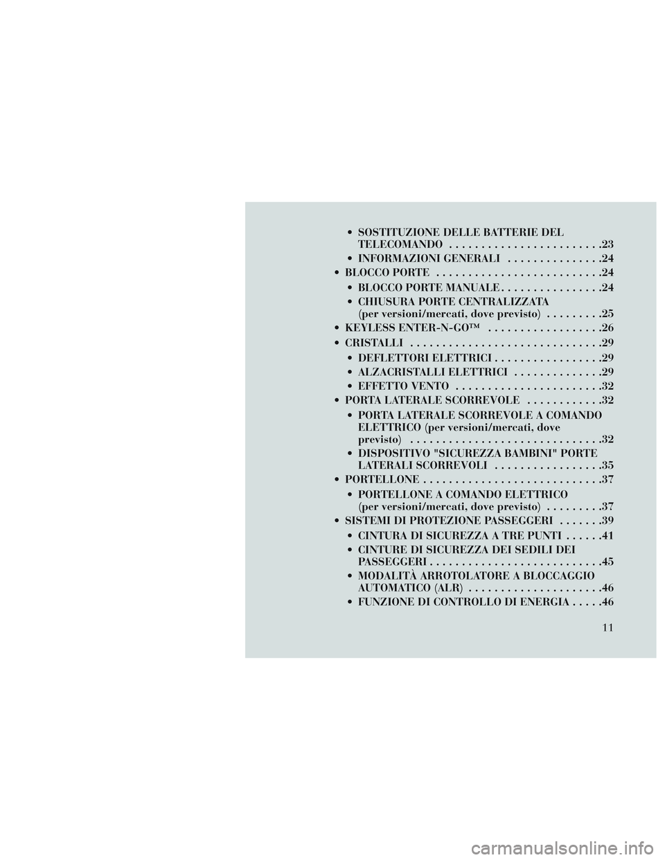Lancia Voyager 2014 Libretto Uso Manutenzione (in Italian) SOSTITUZIONE DELLE BATTERIE DELTELECOMANDO ........................23
INFORMAZIONI GENERALI ...............24
BLOCCO PORTE ..........................24
BLOCCO PORTE MANUALE ................24
CHI Lancia Voyager 2014 Libretto Uso Manutenzione (in Italian) SOSTITUZIONE DELLE BATTERIE DELTELECOMANDO ........................23
INFORMAZIONI GENERALI ...............24
BLOCCO PORTE ..........................24
BLOCCO PORTE MANUALE ................24
CHI