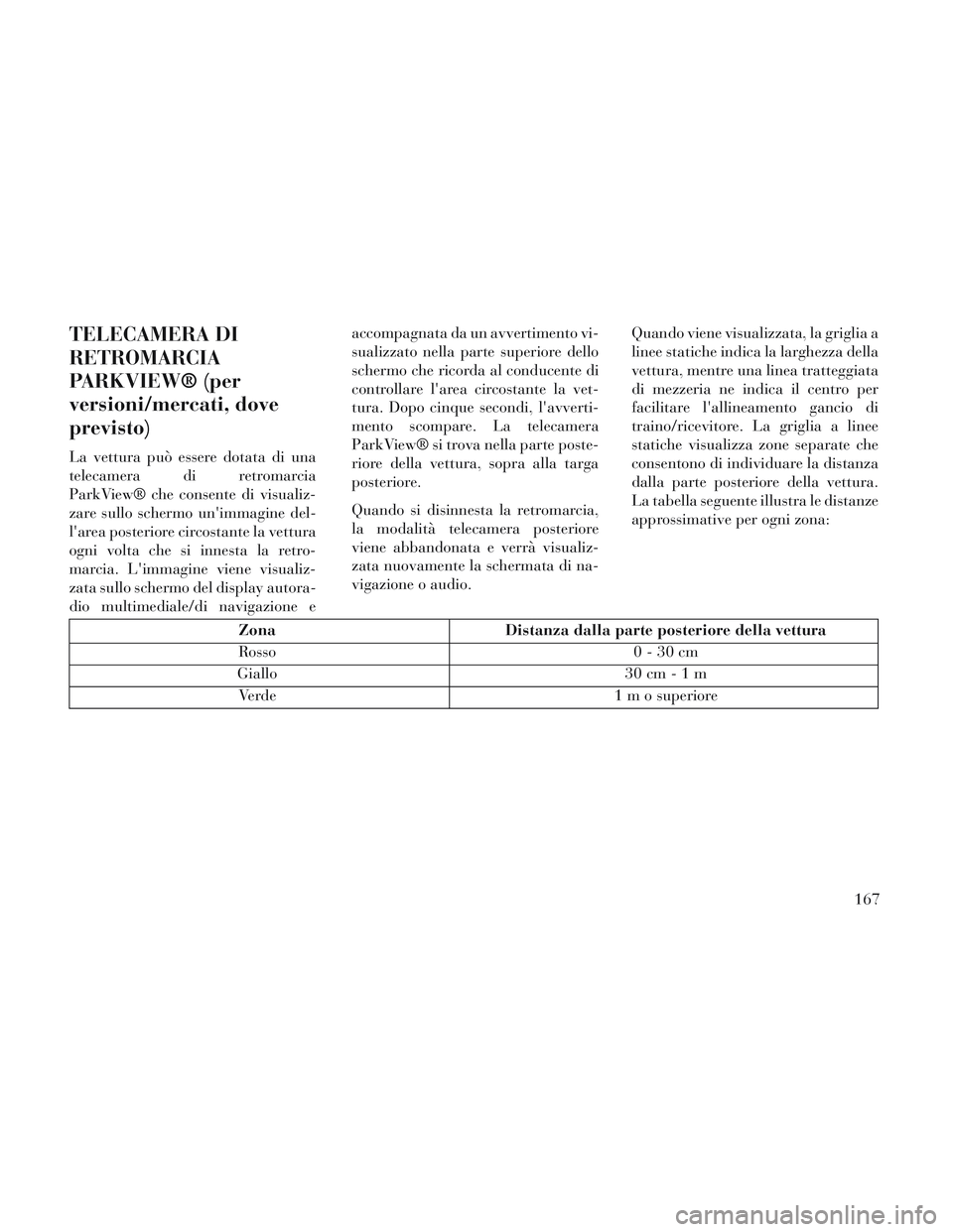 Lancia Voyager 2014 Libretto Uso Manutenzione (in Italian) TELECAMERA DI
RETROMARCIA
PARKVIEW® (per
versioni/mercati, dove
previsto)
La vettura può essere dotata di una
telecamera di retromarcia
ParkView® che consente di visualiz-
zare sullo schermo unimm Lancia Voyager 2014 Libretto Uso Manutenzione (in Italian) TELECAMERA DI
RETROMARCIA
PARKVIEW® (per
versioni/mercati, dove
previsto)
La vettura può essere dotata di una
telecamera di retromarcia
ParkView® che consente di visualiz-
zare sullo schermo unimm