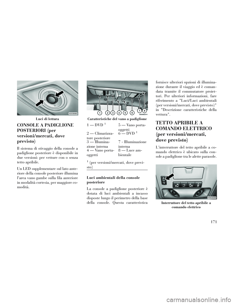 Lancia Voyager 2014 Libretto Uso Manutenzione (in Italian) CONSOLE A PADIGLIONE
POSTERIORI (per
versioni/mercati, dove
previsto)
Il sistema di stivaggio della console a
padiglione posteriore è disponibile in
due versioni: per vetture con o senza
tetto apribi Lancia Voyager 2014 Libretto Uso Manutenzione (in Italian) CONSOLE A PADIGLIONE
POSTERIORI (per
versioni/mercati, dove
previsto)
Il sistema di stivaggio della console a
padiglione posteriore è disponibile in
due versioni: per vetture con o senza
tetto apribi