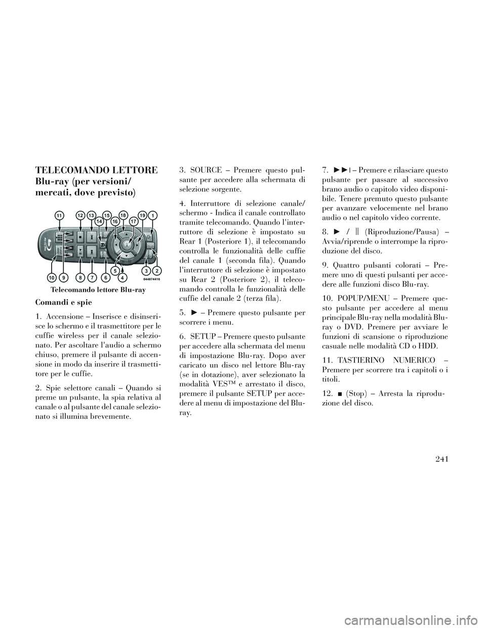 Lancia Voyager 2014 Libretto Uso Manutenzione (in Italian) TELECOMANDO LETTORE
Blu-ray (per versioni/
mercati, dove previsto)
Comandi e spie
1. Accensione – Inserisce e disinseri-
sce lo schermo e il trasmettitore per le
cuffie wireless per il canale selezi Lancia Voyager 2014 Libretto Uso Manutenzione (in Italian) TELECOMANDO LETTORE
Blu-ray (per versioni/
mercati, dove previsto)
Comandi e spie
1. Accensione – Inserisce e disinseri-
sce lo schermo e il trasmettitore per le
cuffie wireless per il canale selezi