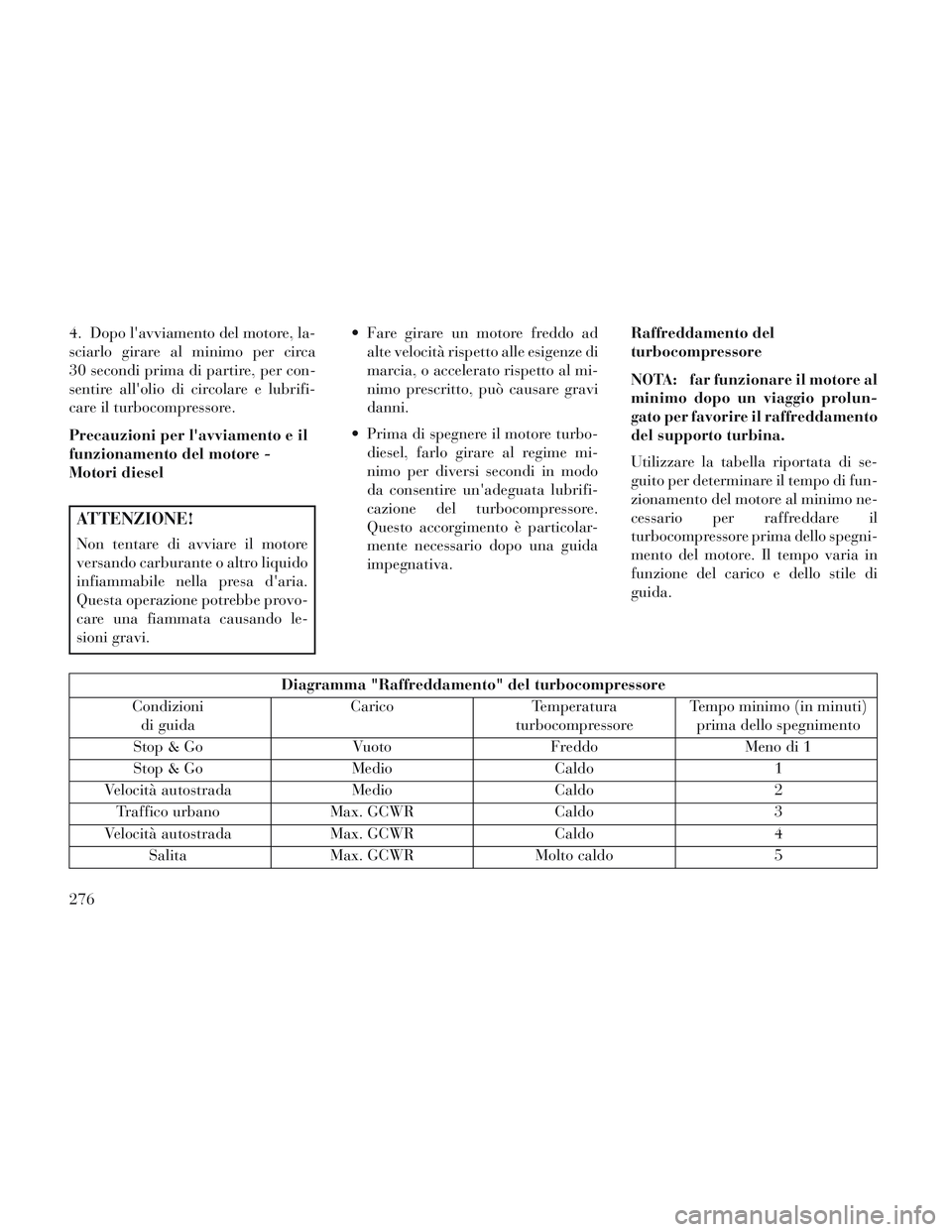 Lancia Voyager 2014 Libretto Uso Manutenzione (in Italian) 4. Dopo lavviamento del motore, la-
sciarlo girare al minimo per circa
30 secondi prima di partire, per con-
sentire allolio di circolare e lubrifi-
care il turbocompressore.
Precauzioni per lavvia Lancia Voyager 2014 Libretto Uso Manutenzione (in Italian) 4. Dopo lavviamento del motore, la-
sciarlo girare al minimo per circa
30 secondi prima di partire, per con-
sentire allolio di circolare e lubrifi-
care il turbocompressore.
Precauzioni per lavvia