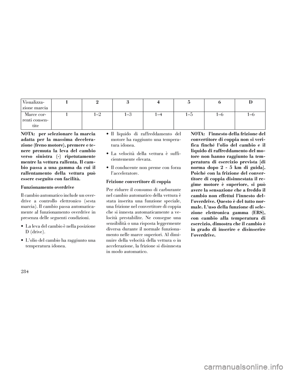 Lancia Voyager 2014 Libretto Uso Manutenzione (in Italian) Visualizza-
zione marcia123456D
Marce cor-
renti consen- tite 1
1–2 1–3 1–4 1–5 1–6 1–6
NOTA: per selezionare la marcia
adatta per la massima decelera-
zione (freno motore), premere e te-
Lancia Voyager 2014 Libretto Uso Manutenzione (in Italian) Visualizza-
zione marcia123456D
Marce cor-
renti consen- tite 1
1–2 1–3 1–4 1–5 1–6 1–6
NOTA: per selezionare la marcia
adatta per la massima decelera-
zione (freno motore), premere e te-