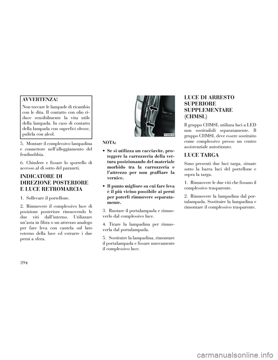 Lancia Voyager 2014 Libretto Uso Manutenzione (in Italian) AVVERTENZA!
Non toccare le lampade di ricambio
con le dita. Il contatto con olio ri-
duce sensibilmente la vita utile
della lampada. In caso di contatto
della lampada con superfici oleose,
pulirla con Lancia Voyager 2014 Libretto Uso Manutenzione (in Italian) AVVERTENZA!
Non toccare le lampade di ricambio
con le dita. Il contatto con olio ri-
duce sensibilmente la vita utile
della lampada. In caso di contatto
della lampada con superfici oleose,
pulirla con