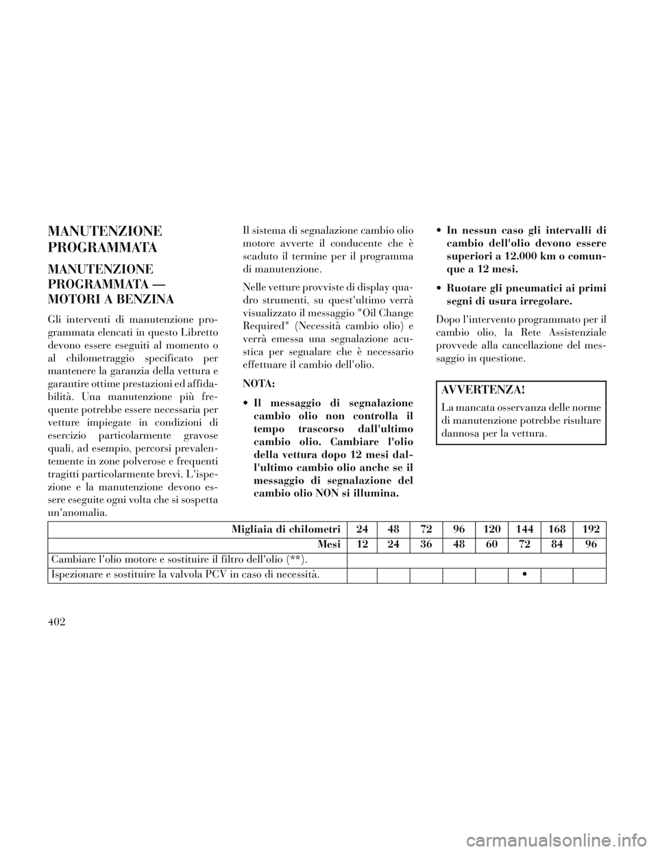 Lancia Voyager 2014 Libretto Uso Manutenzione (in Italian) MANUTENZIONE
PROGRAMMATA
MANUTENZIONE
PROGRAMMATA —
MOTORI A BENZINA
Gli interventi di manutenzione pro-
grammata elencati in questo Libretto
devono essere eseguiti al momento o
al chilometraggio sp Lancia Voyager 2014 Libretto Uso Manutenzione (in Italian) MANUTENZIONE
PROGRAMMATA
MANUTENZIONE
PROGRAMMATA —
MOTORI A BENZINA
Gli interventi di manutenzione pro-
grammata elencati in questo Libretto
devono essere eseguiti al momento o
al chilometraggio sp