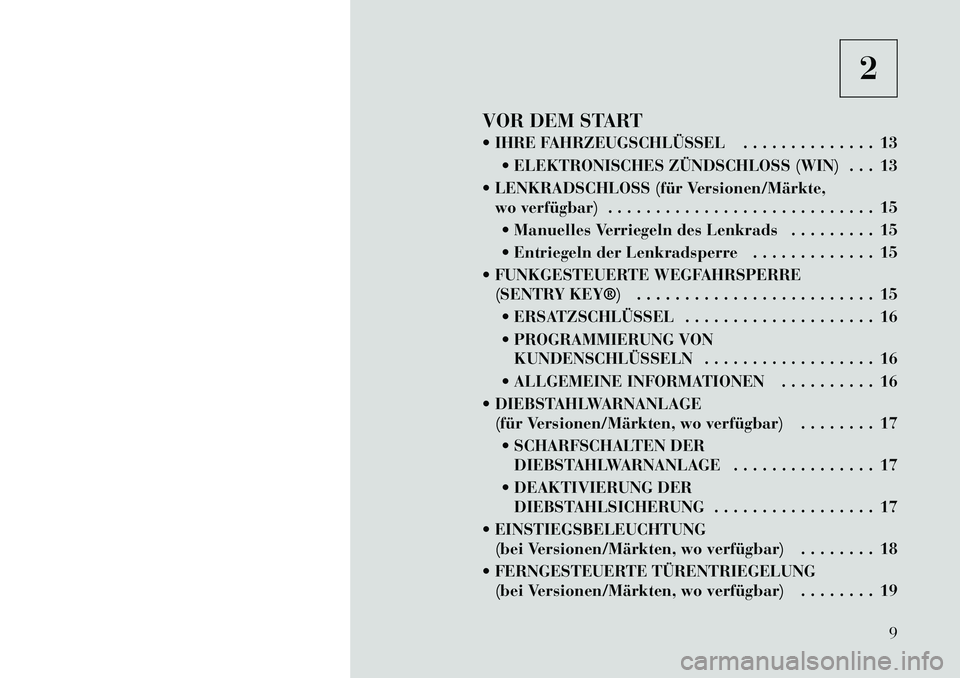 Lancia Voyager 2011 Betriebsanleitung (in German) 2
VOR DEM START
IHRE FAHRZEUGSCHLÜSSEL . . . . . . . . . . . . . . 13 ELEKTRONISCHES ZÜNDSCHLOSS (WIN) . . . 13
LENKRADSCHLOSS (für Versionen/Märkte, wo verfügbar) . . . . . . . . . . . . Lancia Voyager 2011 Betriebsanleitung (in German) 2
VOR DEM START
IHRE FAHRZEUGSCHLÜSSEL . . . . . . . . . . . . . . 13 ELEKTRONISCHES ZÜNDSCHLOSS (WIN) . . . 13
LENKRADSCHLOSS (für Versionen/Märkte, wo verfügbar) . . . . . . . . . . . .