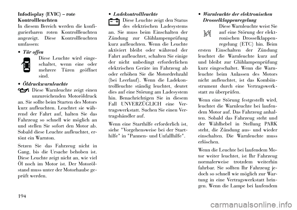 Lancia Voyager 2011 Betriebsanleitung (in German) Infodisplay (EVIC) – rote Kontrollleuchten
In diesem Bereich werden die konfi-
gurierbaren roten Kontrollleuchten
angezeigt. Diese Kontrollleuchtenumfassen:
Tür offenDiese Leuchte wird einge-
s Lancia Voyager 2011 Betriebsanleitung (in German) Infodisplay (EVIC) – rote Kontrollleuchten
In diesem Bereich werden die konfi-
gurierbaren roten Kontrollleuchten
angezeigt. Diese Kontrollleuchtenumfassen:
Tür offenDiese Leuchte wird einge-
s