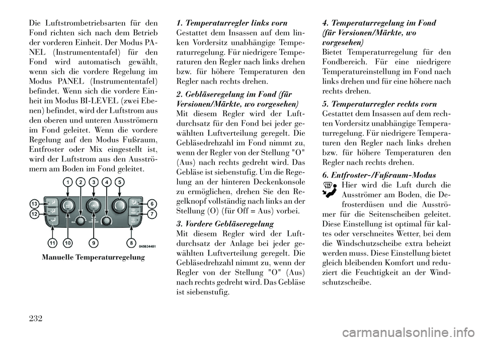 Lancia Voyager 2012  Betriebsanleitung (in German) Die Luftstrombetriebsarten für den 
Fond richten sich nach dem Betrieb
der vorderen Einheit. Der Modus PA-
NEL (Instrumententafel) für den
Fond wird automatisch gewählt,
wenn sich die vordere Regel