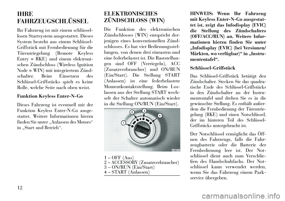 Lancia Voyager 2013 Betriebsanleitung (in German) IHRE
FAHRZEUGSCHLÜSSEL
Ihr Fahrzeug ist mit einem schlüssel
losen Startsystem ausgestattet. Dieses
System besteht aus einem Schlüssel
Griffstück mit Fernbedienung für die
Türentriegelung (Re Lancia Voyager 2013 Betriebsanleitung (in German) IHRE
FAHRZEUGSCHLÜSSEL
Ihr Fahrzeug ist mit einem schlüssel
losen Startsystem ausgestattet. Dieses
System besteht aus einem Schlüssel
Griffstück mit Fernbedienung für die
Türentriegelung (Re