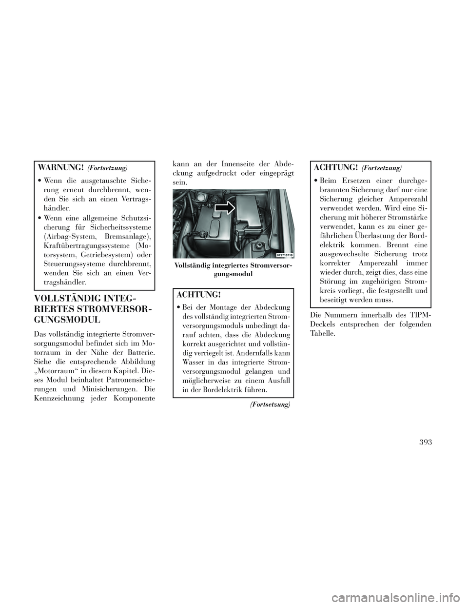 Lancia Voyager 2014  Betriebsanleitung (in German) WARNUNG!(Fortsetzung)
 Wenn die ausgetauschte Siche-rung erneut durchbrennt, wen-
den Sie sich an einen Vertrags-
händler.
 Wenn eine allgemeine Schutzsi- cherung für Sicherheitssysteme
(Airbag-Syst