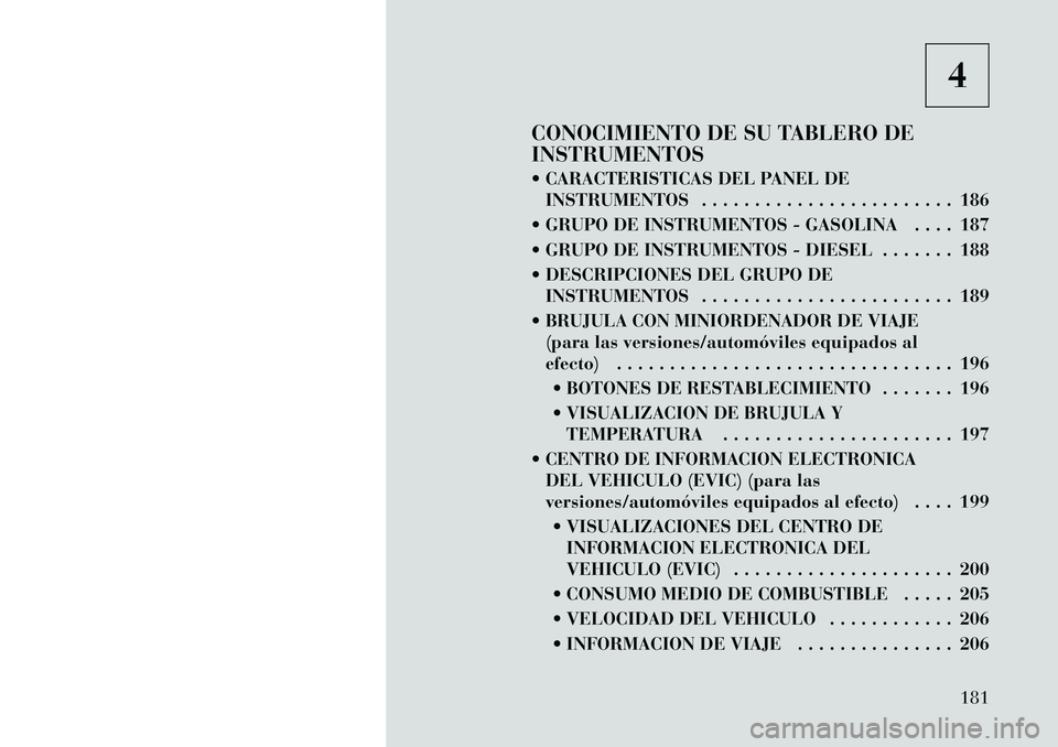 Lancia Voyager 2011 Manual de Empleo y Cuidado (in Spanish) 4
CONOCIMIENTO DE SU TABLERO DE INSTRUMENTOS
CARACTERISTICAS DEL PANEL DE INSTRUMENTOS . . . . . . . . . . . . . . . . . . . . . . . . 186
GRUPO DE INSTRUMENTOS - GASOLINA . . . . 187
GRUPO DE Lancia Voyager 2011 Manual de Empleo y Cuidado (in Spanish) 4
CONOCIMIENTO DE SU TABLERO DE INSTRUMENTOS
CARACTERISTICAS DEL PANEL DE INSTRUMENTOS . . . . . . . . . . . . . . . . . . . . . . . . 186
GRUPO DE INSTRUMENTOS - GASOLINA . . . . 187
GRUPO DE