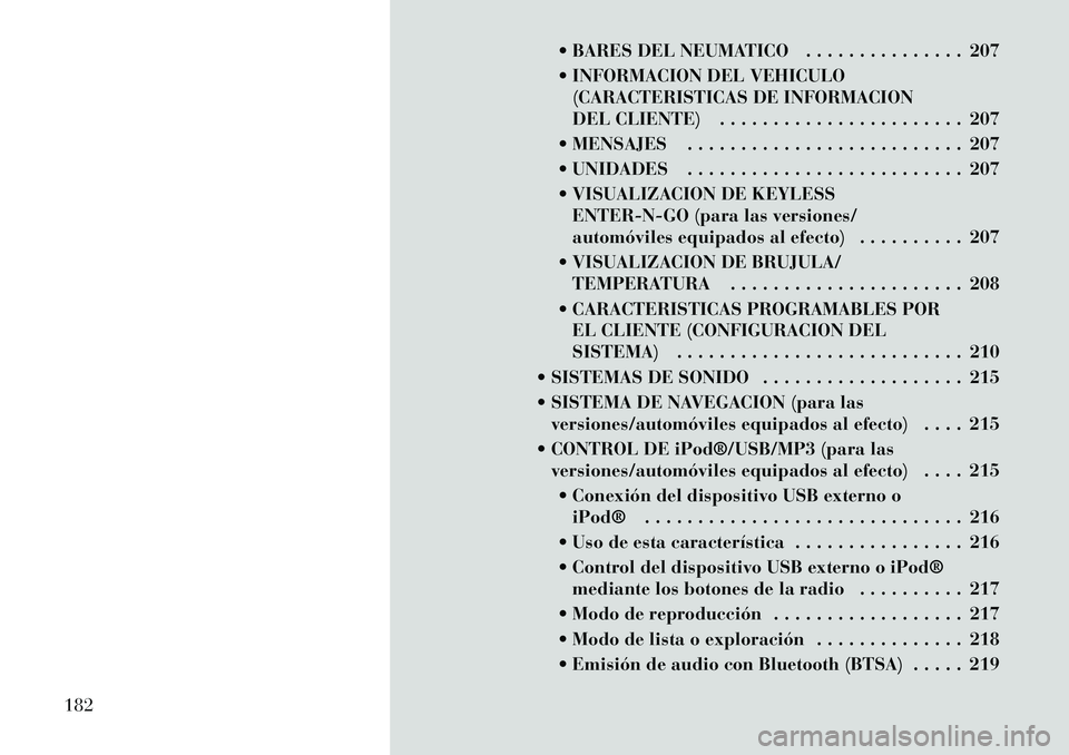 Lancia Voyager 2011 Manual de Empleo y Cuidado (in Spanish) BARES DEL NEUMATICO . . . . . . . . . . . . . . . 207
INFORMACION DEL VEHICULO(CARACTERISTICAS DE INFORMACION
DEL CLIENTE) . . . . . . . . . . . . . . . . . . . . . . . 207
MENSAJES . . . . . Lancia Voyager 2011 Manual de Empleo y Cuidado (in Spanish) BARES DEL NEUMATICO . . . . . . . . . . . . . . . 207
INFORMACION DEL VEHICULO(CARACTERISTICAS DE INFORMACION
DEL CLIENTE) . . . . . . . . . . . . . . . . . . . . . . . 207
MENSAJES . . . . .