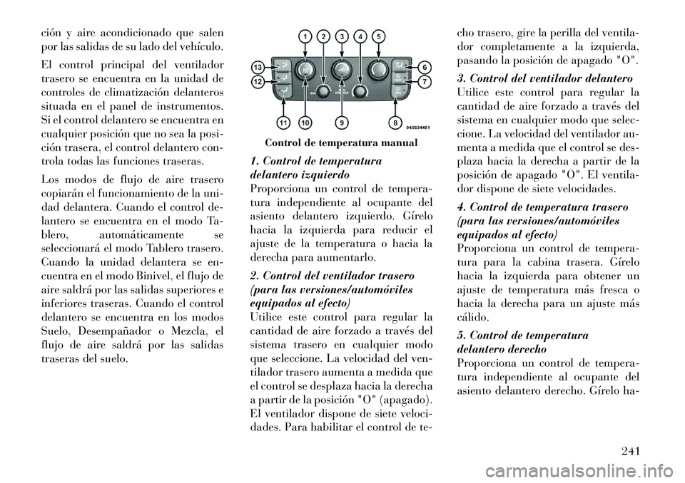 Lancia Voyager 2011 Manual de Empleo y Cuidado (in Spanish) ción y aire acondicionado que salen
por las salidas de su lado del vehículo.
El control principal del ventilador
trasero se encuentra en la unidad de
controles de climatización delanteros
situad Lancia Voyager 2011 Manual de Empleo y Cuidado (in Spanish) ción y aire acondicionado que salen
por las salidas de su lado del vehículo.
El control principal del ventilador
trasero se encuentra en la unidad de
controles de climatización delanteros
situad