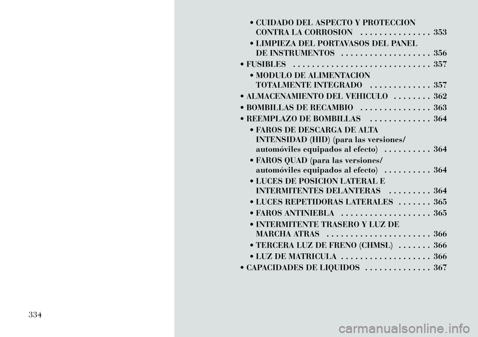 Lancia Voyager 2012 Manual de Empleo y Cuidado (in Spanish) CUIDADO DEL ASPECTO Y PROTECCIONCONTRA LA CORROSION . . . . . . . . . . . . . . . 353
LIMPIEZA DEL PORTAVASOS DEL PANEL DE INSTRUMENTOS . . . . . . . . . . . . . . . . . . . 356
FUSIBLES . . . . Lancia Voyager 2012 Manual de Empleo y Cuidado (in Spanish) CUIDADO DEL ASPECTO Y PROTECCIONCONTRA LA CORROSION . . . . . . . . . . . . . . . 353
LIMPIEZA DEL PORTAVASOS DEL PANEL DE INSTRUMENTOS . . . . . . . . . . . . . . . . . . . 356
FUSIBLES . . . .
