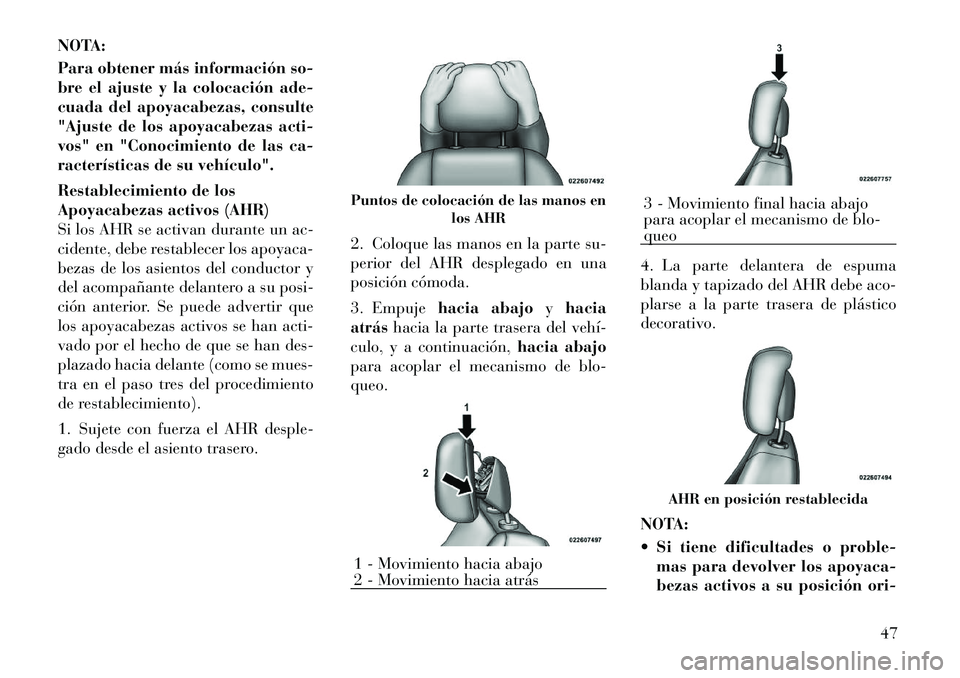 Lancia Voyager 2011 Manual de Empleo y Cuidado (in Spanish) NOTA:
Para obtener más información so-
bre el ajuste y la colocación ade-
cuada del apoyacabezas, consulte
"Ajuste de los apoyacabezas acti-
vos" en "Conocimiento de las ca-
racterísticas de su Lancia Voyager 2011 Manual de Empleo y Cuidado (in Spanish) NOTA:
Para obtener más información so-
bre el ajuste y la colocación ade-
cuada del apoyacabezas, consulte
"Ajuste de los apoyacabezas acti-
vos" en "Conocimiento de las ca-
racterísticas de su