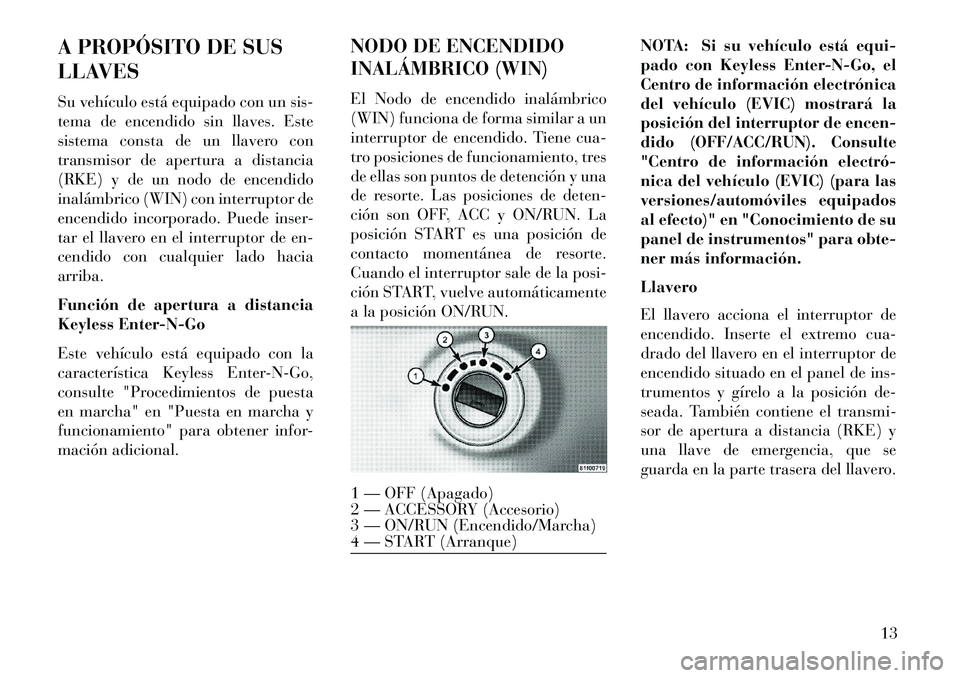 Lancia Voyager 2013 Manual de Empleo y Cuidado (in Spanish) A PROPÓSITO DE SUS
LLAVES
Su vehículo está equipado con un sis-
tema de encendido sin llaves. Este
sistema consta de un llavero con
transmisor de apertura a distancia
(RKE) y de un nodo de encendid Lancia Voyager 2013 Manual de Empleo y Cuidado (in Spanish) A PROPÓSITO DE SUS
LLAVES
Su vehículo está equipado con un sis-
tema de encendido sin llaves. Este
sistema consta de un llavero con
transmisor de apertura a distancia
(RKE) y de un nodo de encendid