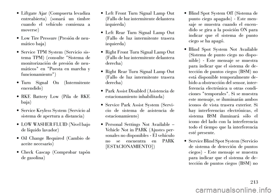 Lancia Voyager 2013 Manual de Empleo y Cuidado (in Spanish) Liftgate Ajar (Compuerta levadizaentreabierta) (sonará un timbre
cuando el vehículo comienza a
moverse)
Low Tire Pressure (Presión de neu- mático baja)
Service TPM System (Servicio sis- tema Lancia Voyager 2013 Manual de Empleo y Cuidado (in Spanish) Liftgate Ajar (Compuerta levadizaentreabierta) (sonará un timbre
cuando el vehículo comienza a
moverse)
Low Tire Pressure (Presión de neu- mático baja)
Service TPM System (Servicio sis- tema