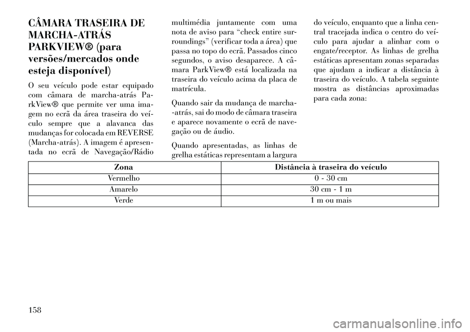 Lancia Voyager 2013 Manual de Uso e Manutenção (in Portuguese) CÂMARA TRASEIRA DE
MARCHA-ATRÁS
PARKVIEW® (para
versões/mercados onde
esteja disponível)
O seu veículo pode estar equipado
com câmara de marchaatrás Pa-
rkView® que permite ver uma ima-
gem Lancia Voyager 2013 Manual de Uso e Manutenção (in Portuguese) CÂMARA TRASEIRA DE
MARCHA-ATRÁS
PARKVIEW® (para
versões/mercados onde
esteja disponível)
O seu veículo pode estar equipado
com câmara de marchaatrás Pa-
rkView® que permite ver uma ima-
gem
