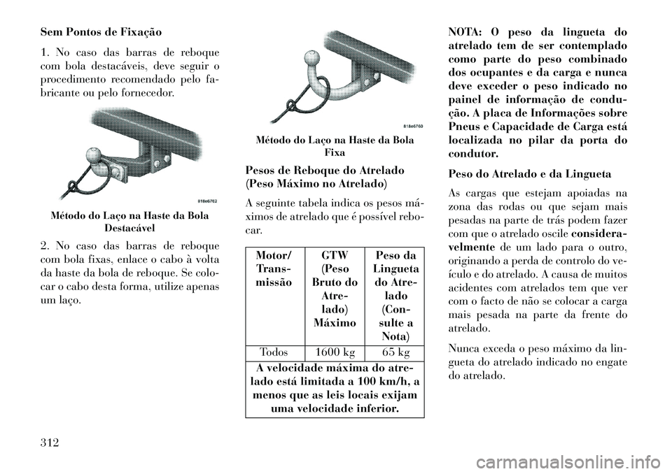 Lancia Voyager 2013 Manual de Uso e Manutenção (in Portuguese) Sem Pontos de Fixação
1. No caso das barras de reboque
com bola destacáveis, deve seguir o
procedimento recomendado pelo fa-
bricante ou pelo fornecedor.
2. No caso das barras de reboque
com bola f Lancia Voyager 2013 Manual de Uso e Manutenção (in Portuguese) Sem Pontos de Fixação
1. No caso das barras de reboque
com bola destacáveis, deve seguir o
procedimento recomendado pelo fa-
bricante ou pelo fornecedor.
2. No caso das barras de reboque
com bola f