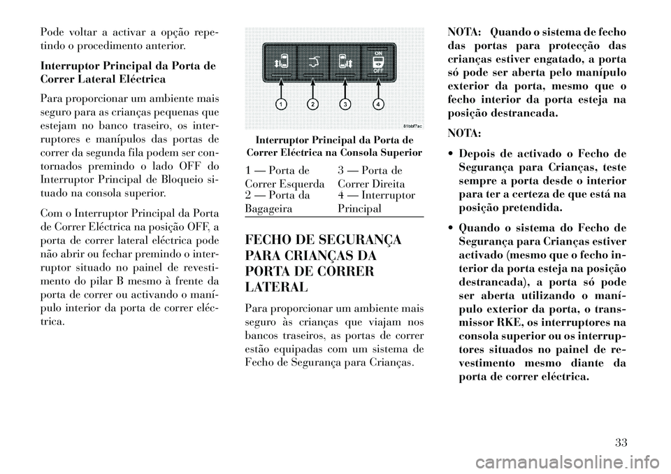 Lancia Voyager 2013 Manual de Uso e Manutenção (in Portuguese) Pode voltar a activar a opção repe-
tindo o procedimento anterior.
Interruptor Principal da Porta de
Correr Lateral Eléctrica
Para proporcionar um ambiente mais
seguro para as crianças pequenas qu Lancia Voyager 2013 Manual de Uso e Manutenção (in Portuguese) Pode voltar a activar a opção repe-
tindo o procedimento anterior.
Interruptor Principal da Porta de
Correr Lateral Eléctrica
Para proporcionar um ambiente mais
seguro para as crianças pequenas qu