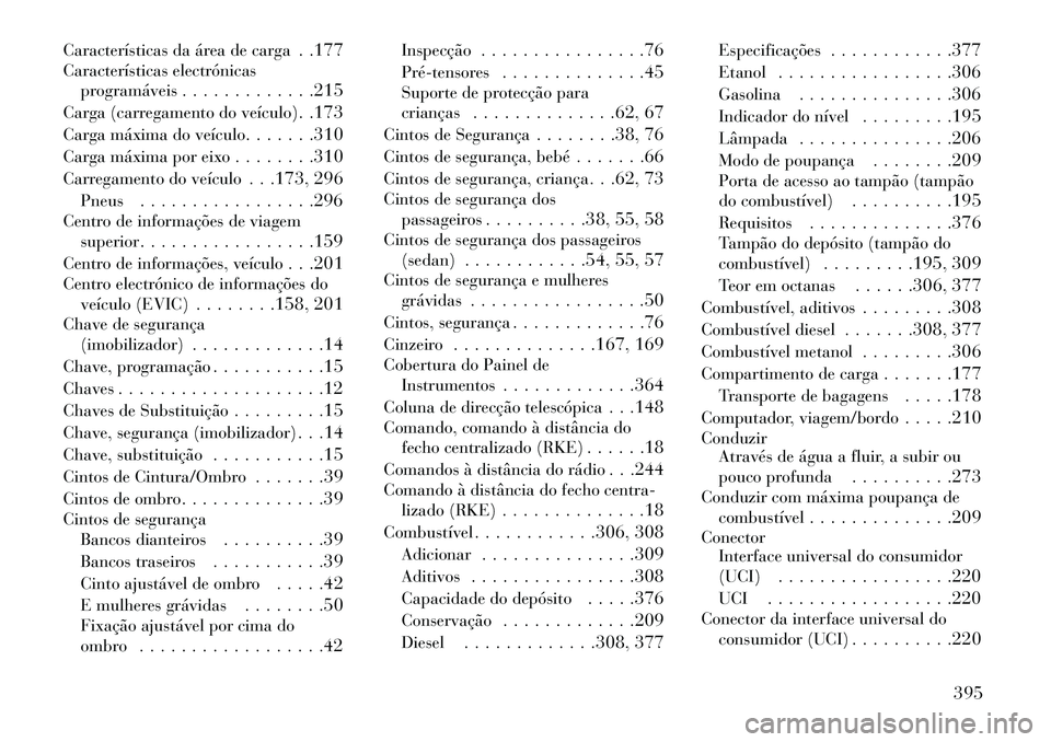 Lancia Voyager 2013 Manual de Uso e Manutenção (in Portuguese) Características da área de carga. .177
Características electrónicas programáveis . . . . . . . . . . . . .215
Carga (carregamento do veículo) . .173
Carga máxima do veículo . . . . . . .310
Ca Lancia Voyager 2013 Manual de Uso e Manutenção (in Portuguese) Características da área de carga. .177
Características electrónicas programáveis . . . . . . . . . . . . .215
Carga (carregamento do veículo) . .173
Carga máxima do veículo . . . . . . .310
Ca