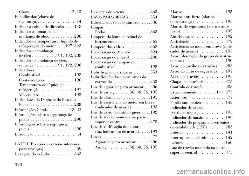 Lancia Voyager 2013 Manual de Uso e Manutenção (in Portuguese) Chave. . . . . . . . . . . . . . .12, 13
Imobilizador (chave de segurança) . . . . . . . . . . . . . . . .14
Inclinar a coluna de direcção . . . .148
Indicador automático de mudança de óleo . . Lancia Voyager 2013 Manual de Uso e Manutenção (in Portuguese) Chave. . . . . . . . . . . . . . .12, 13
Imobilizador (chave de segurança) . . . . . . . . . . . . . . . .14
Inclinar a coluna de direcção . . . .148
Indicador automático de mudança de óleo . .