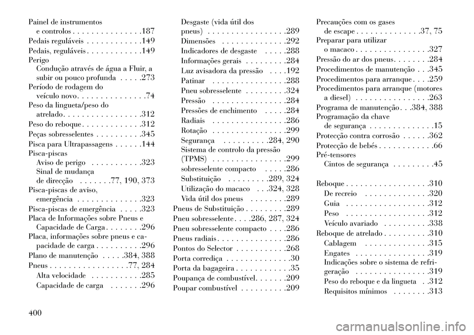 Lancia Voyager 2013 Manual de Uso e Manutenção (in Portuguese) Painel de instrumentose controlos . . . . . . . . . . . . . . .187
Pedais reguláveis . . . . . . . . . . . .149
Pedais, reguláveis . . . . . . . . . . . .149
Perigo Condução através de água a Fl Lancia Voyager 2013 Manual de Uso e Manutenção (in Portuguese) Painel de instrumentose controlos . . . . . . . . . . . . . . .187
Pedais reguláveis . . . . . . . . . . . .149
Pedais, reguláveis . . . . . . . . . . . .149
Perigo Condução através de água a Fl