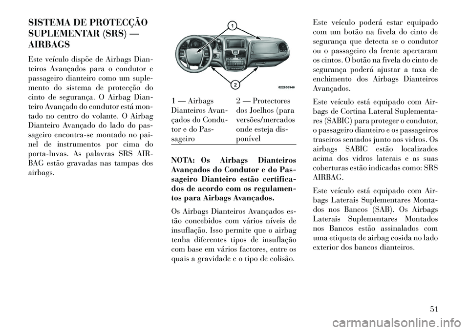 Lancia Voyager 2013 Manual de Uso e Manutenção (in Portuguese) SISTEMA DE PROTECÇÃO
SUPLEMENTAR (SRS) —
AIRBAGS
Este veículo dispõe de Airbags Dian-
teiros Avançados para o condutor e
passageiro dianteiro como um suple-
mento do sistema de protecção do
c Lancia Voyager 2013 Manual de Uso e Manutenção (in Portuguese) SISTEMA DE PROTECÇÃO
SUPLEMENTAR (SRS) —
AIRBAGS
Este veículo dispõe de Airbags Dian-
teiros Avançados para o condutor e
passageiro dianteiro como um suple-
mento do sistema de protecção do
c