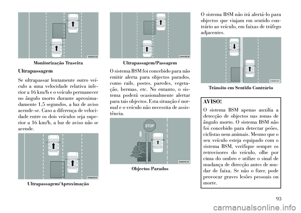 Lancia Voyager 2013 Manual de Uso e Manutenção (in Portuguese) Ultrapassagem
Se ultrapassar lentamente outro veí
culo a uma velocidade relativa infe-
rior a 16 km/h e o veículo permanecer
no ângulo morto durante aproxima-
damente 1,5 segundos, a luz de aviso Lancia Voyager 2013 Manual de Uso e Manutenção (in Portuguese) Ultrapassagem
Se ultrapassar lentamente outro veí
culo a uma velocidade relativa infe-
rior a 16 km/h e o veículo permanecer
no ângulo morto durante aproxima-
damente 1,5 segundos, a luz de aviso