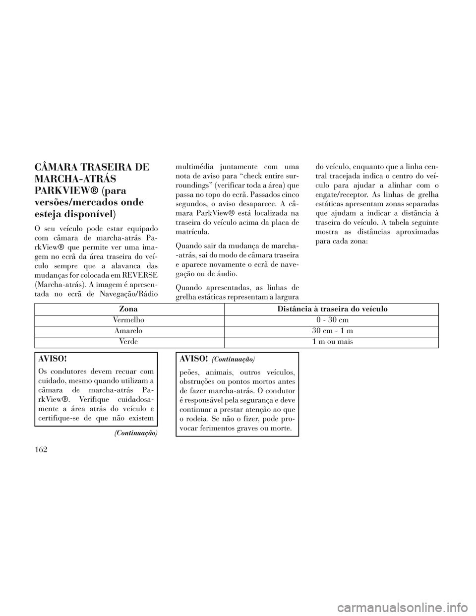 Lancia Voyager 2014  Manual de Uso e Manutenção (in Portuguese) CÂMARA TRASEIRA DE
MARCHA-ATRÁS
PARKVIEW® (para
versões/mercados onde
esteja disponível)
O seu veículo pode estar equipado
com câmara de marcha-atrás Pa-
rkView® que permite ver uma ima-
gem 