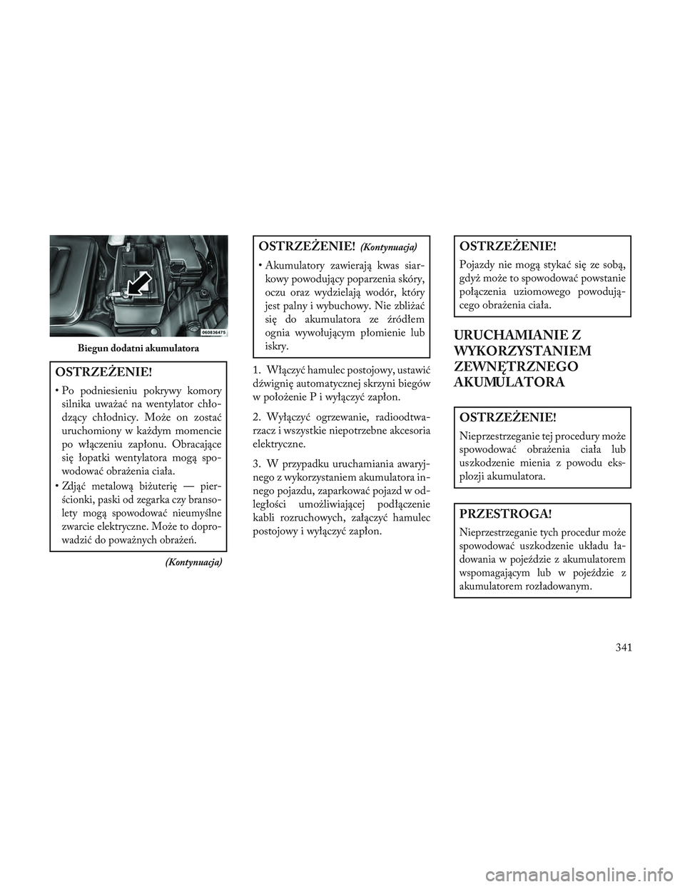 Lancia Voyager 2014 Instrukcja obsługi (in Polish) OSTRZEŻENIE!
• Po podniesieniu pokrywy komorysilnika uważać na wentylator chło-
dzący chłodnicy. Może on zostać
uruchomiony w każdym momencie
po włączeniu zapłonu. Obracające
się łopa Lancia Voyager 2014 Instrukcja obsługi (in Polish) OSTRZEŻENIE!
• Po podniesieniu pokrywy komorysilnika uważać na wentylator chło-
dzący chłodnicy. Może on zostać
uruchomiony w każdym momencie
po włączeniu zapłonu. Obracające
się łopa