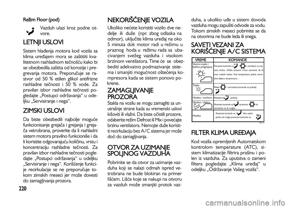 Lancia Voyager 2014  Knjižica za upotrebu i održavanje (in Serbian) 220
Režim �loor (pod)
Vazduh ulazi kroz podne ot-
vore. 
LETNJI USLOVI
Sistem hlađenja motora kod vozila sa
klima uređajem mora se zaštititi kva-
litetnom rashladnom tečnošću kako bi
se obezbe