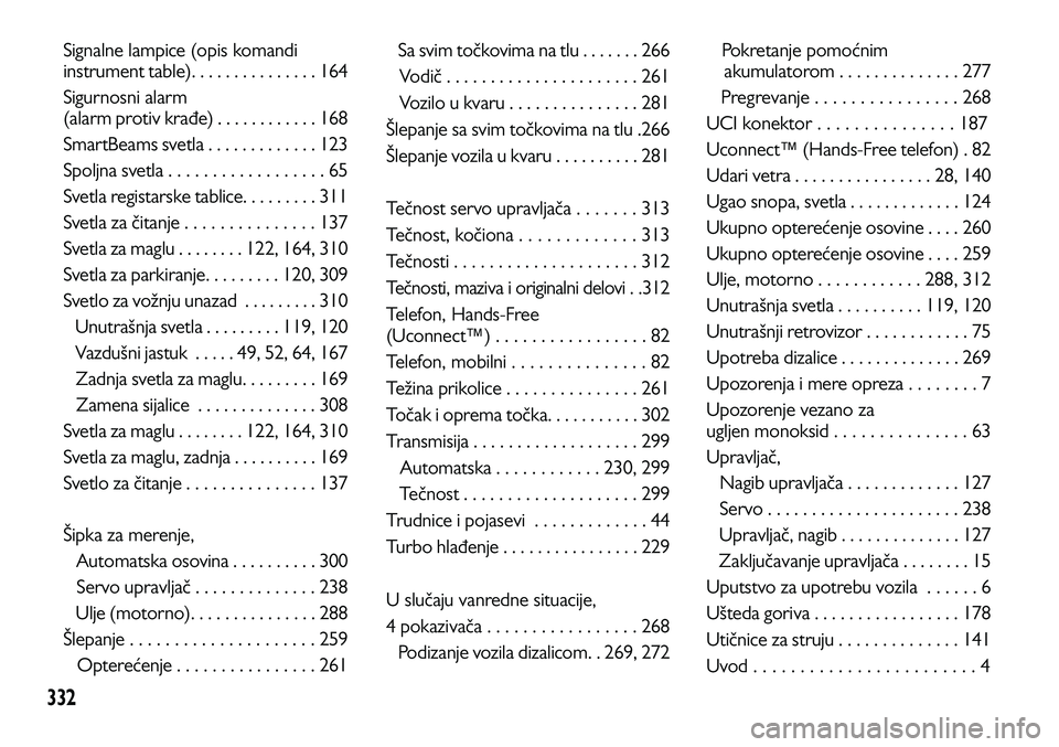Lancia Voyager 2014 Knjižica za upotrebu i održavanje (in Serbian) 332
Signalne lampice (opis komandi
instrument table). . . . . . . . . . . . . . . 164
Sigurnosni alarm
(alarm protiv krađe) . . . . . . . . . . . . 168
SmartBeams svetla . . . . . . . . . . . . . 1 Lancia Voyager 2014 Knjižica za upotrebu i održavanje (in Serbian) 332
Signalne lampice (opis komandi
instrument table). . . . . . . . . . . . . . . 164
Sigurnosni alarm
(alarm protiv krađe) . . . . . . . . . . . . 168
SmartBeams svetla . . . . . . . . . . . . . 1