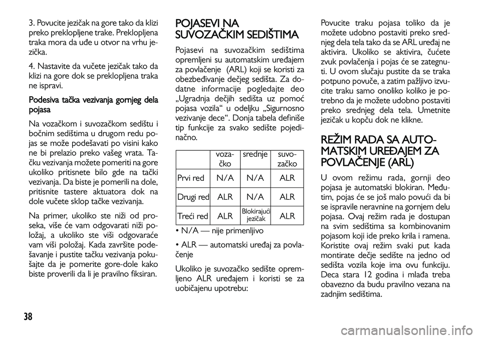Lancia Voyager 2014 Knjižica za upotrebu i održavanje (in Serbian) 38
3. Povucite jezičak na gore tako da klizi
preko preklopljene trake. Preklopljena
traka mora da uđe u otvor na vrhu je-
zička.
4. Nastavite da vučete jezičak tako da
klizi na gore dok se prekl Lancia Voyager 2014 Knjižica za upotrebu i održavanje (in Serbian) 38
3. Povucite jezičak na gore tako da klizi
preko preklopljene trake. Preklopljena
traka mora da uđe u otvor na vrhu je-
zička.
4. Nastavite da vučete jezičak tako da
klizi na gore dok se prekl